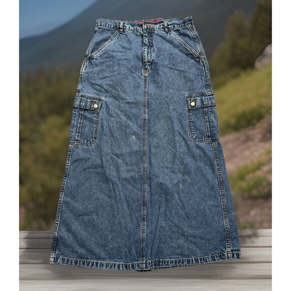Y2K Shabby Chic REVOLT Clothing Co.Denim Maxi Skirt 11/12 Cargo Pockets BAGGY - Picture 1 of 5
